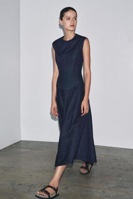 ZARA ДЖИНСОВОЕ ПЛАТЬЕ МИДИ — ZW COLLECTION, СИНИЙ
