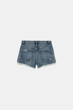 ZARA ДЖИНСОВЫЕ ШОРТЫ TRF С ВЫСОКОЙ ПОСАДКОЙ И РАЗРЫВАМИ, СИНИЙ