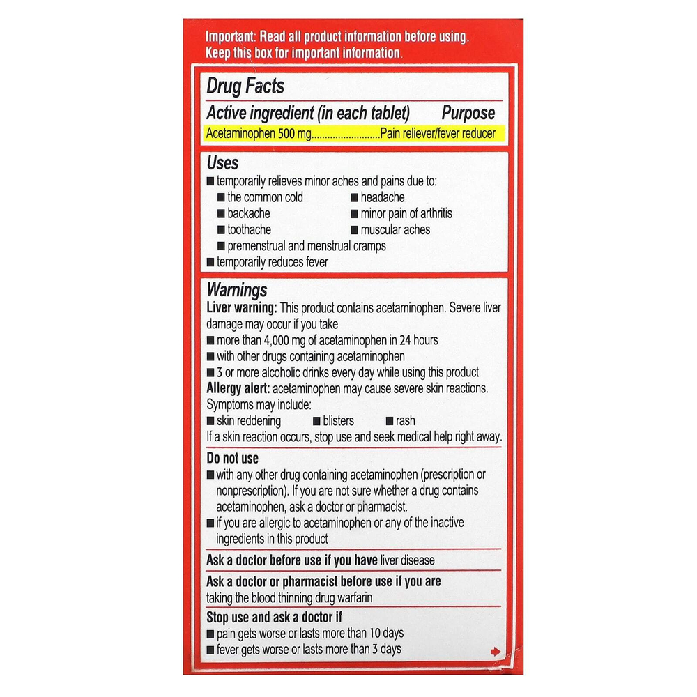 Tylenol, ацетаминофен с повышенной силой действия, для взрослых, 500 мг, 100 таблеток, покрытых оболочкой
