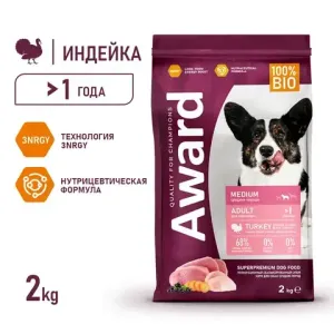 Сухой корм AWARD для взрослых собак средних пород с индейкой и курицей с добавлением моркови и черной смородины