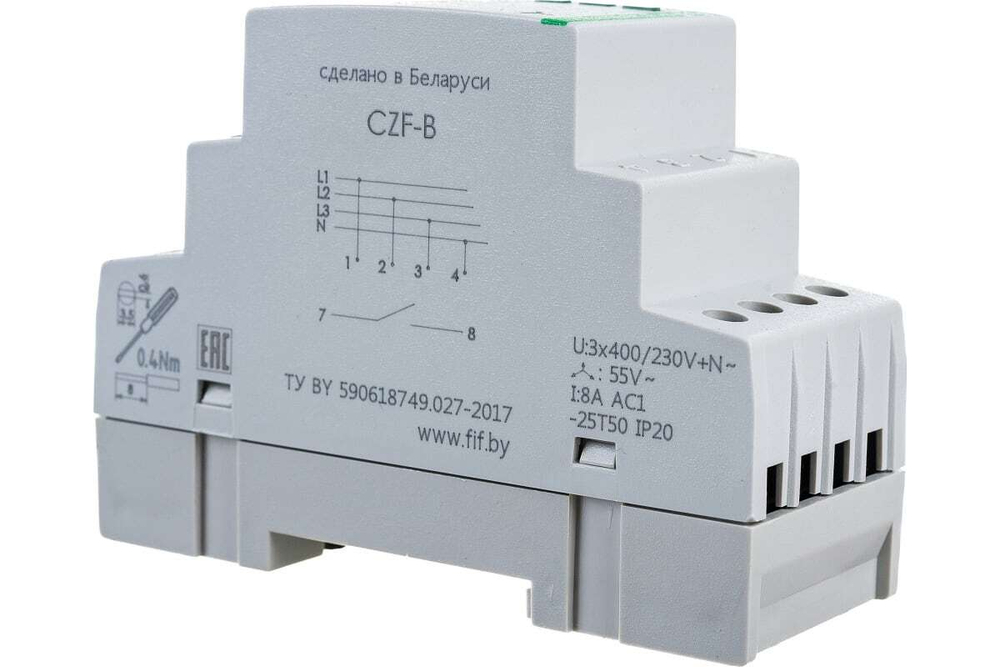 Реле контроля фаз CZF-B 3х400/230+N 8А 1перекл. IP20