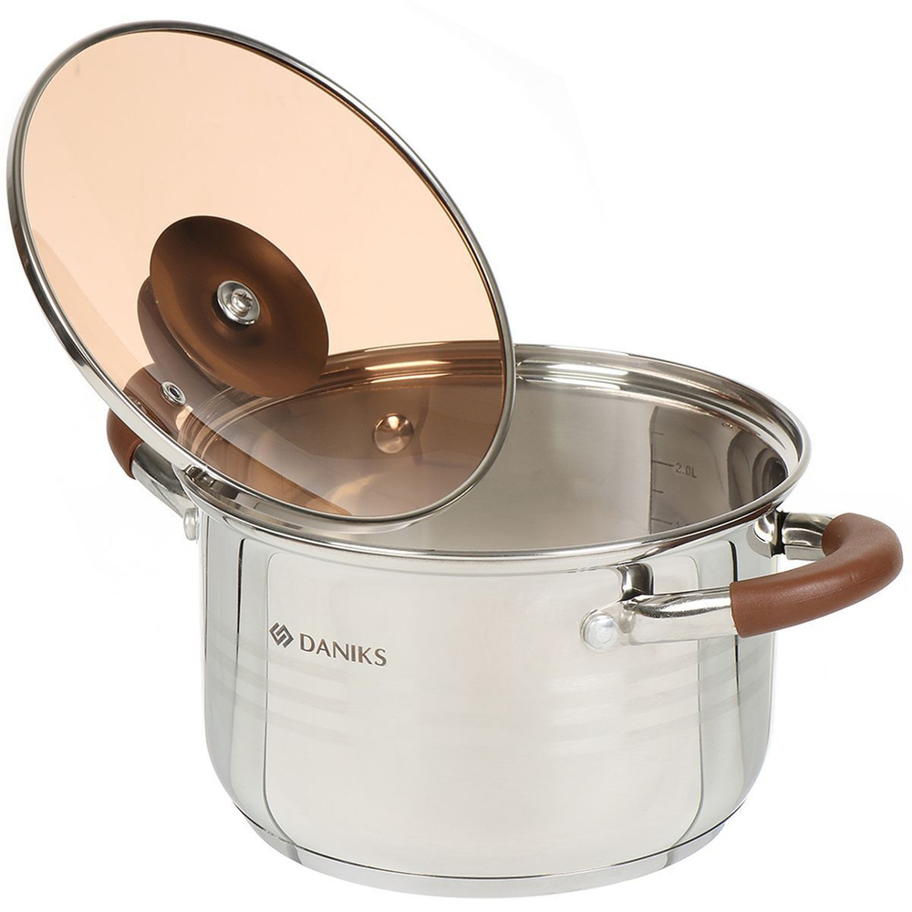 Кастрюля нерж, 3 л, крышка стекло, Daniks, Веллингтон, GS-01415-18CA, индукц