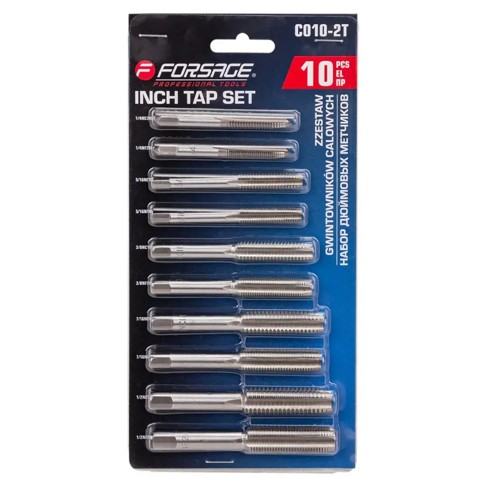 Набор метчиков дюймовых 10пр.(1/4-20,1/4-18,5/16-18,5/16-24,3/8-16,3/8-24,7/16-14,7/16-20,1/2-13,1/2-20), блистере Forsage F-C010-2T