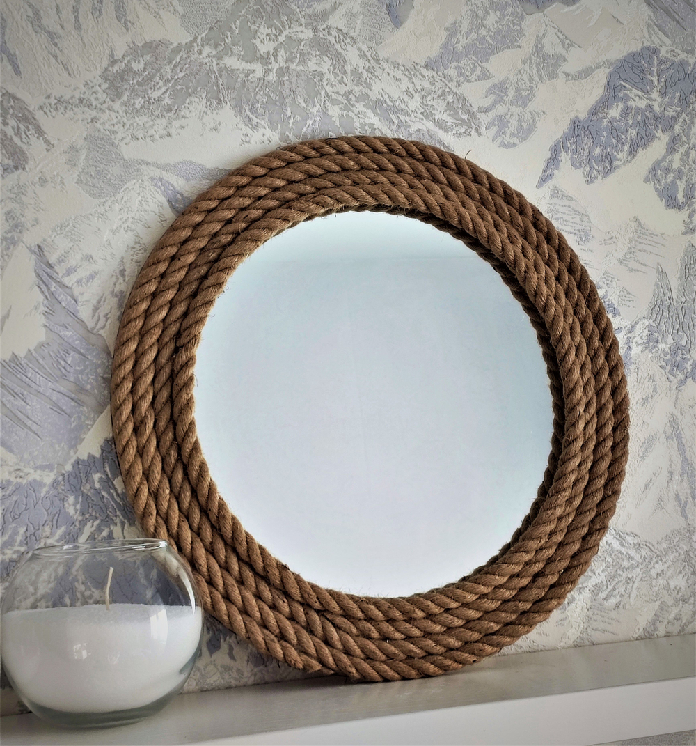 Зеркало настенное круглое с джутом интерьерное