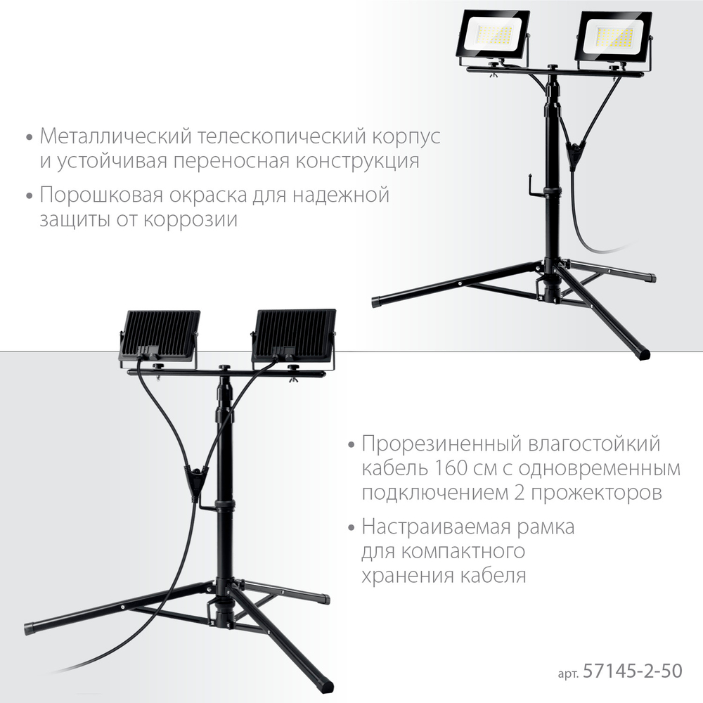 ЗУБР ПСК 50х2, 2 х 50 Вт, 6500 К, IP 65, 1.6 м, светодиодные прожекторы на штативе, Профессионал (57145-2-50)