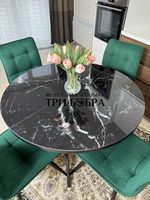 Круглый стеклянный раздвижной стол "Черный оникс" и стулья "ГУЧИ" изумруд