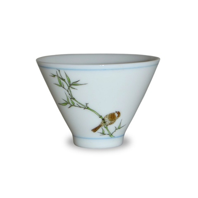 268016.2 Пиала ПРИРОДА "Птица в зарослях бамбука" конус h=4,5см, d=6,5см, 50мл, фарфор белый