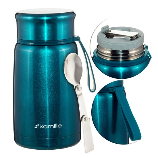 Термос пищевой 800 мл. Kamille KM 2148 из нержавеющей стали с ложкой и ремешком