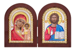 Складень, Спаситель, Казанская БМ, икона арочная, красное дерево, эмаль 230x360