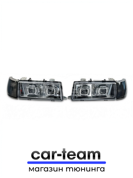 Фары ВАЗ 2110, 2111, 2112 передние с белыми галочками в стиле BMW ver 2.0 c Bi LED модулями, хром маска, тонированные поворотники