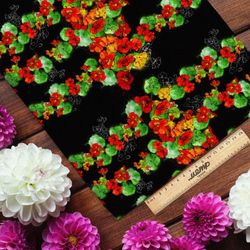 Ткань шифон красные цветочки с зеленью