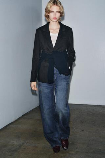 ZARA БЛЕЙЗЕР В ПОЛОСКУ С ЛЬНОМ — ZW COLLECTION, ЧЕРНЫЙ