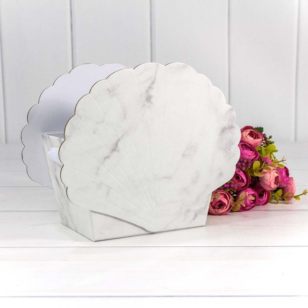 Коробка 19х12.5х16 см "Мрамор" Ракушка с репсовыми ручками (Белый)