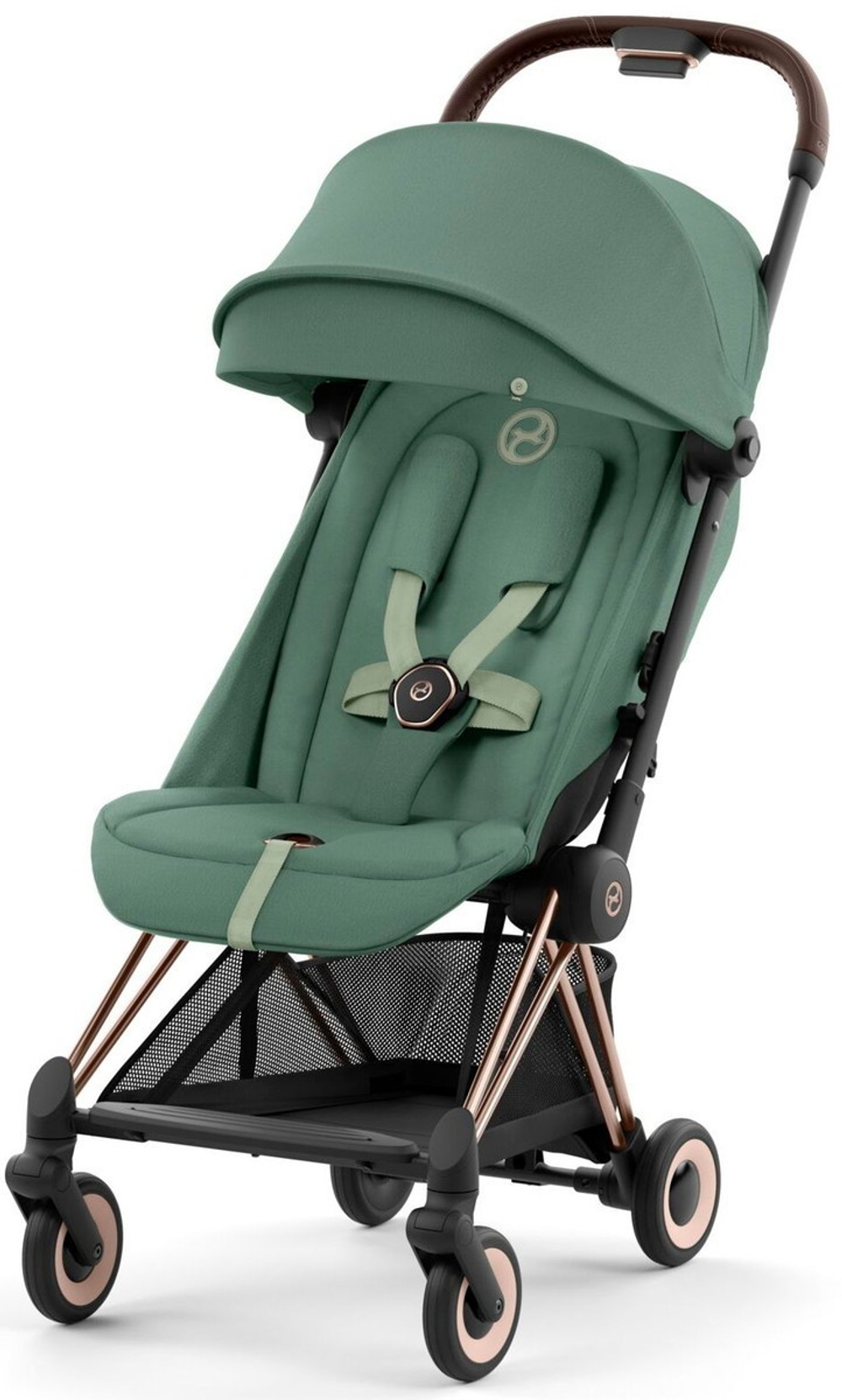 Коляска Cybex Coya Rosegold Frame Aton B2 i-Size Bay Blue Leaf Green с дождевиком и бампером