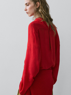 Massimo Dutti Блуза из струящейся ткани с драпированным воротником, коралловый