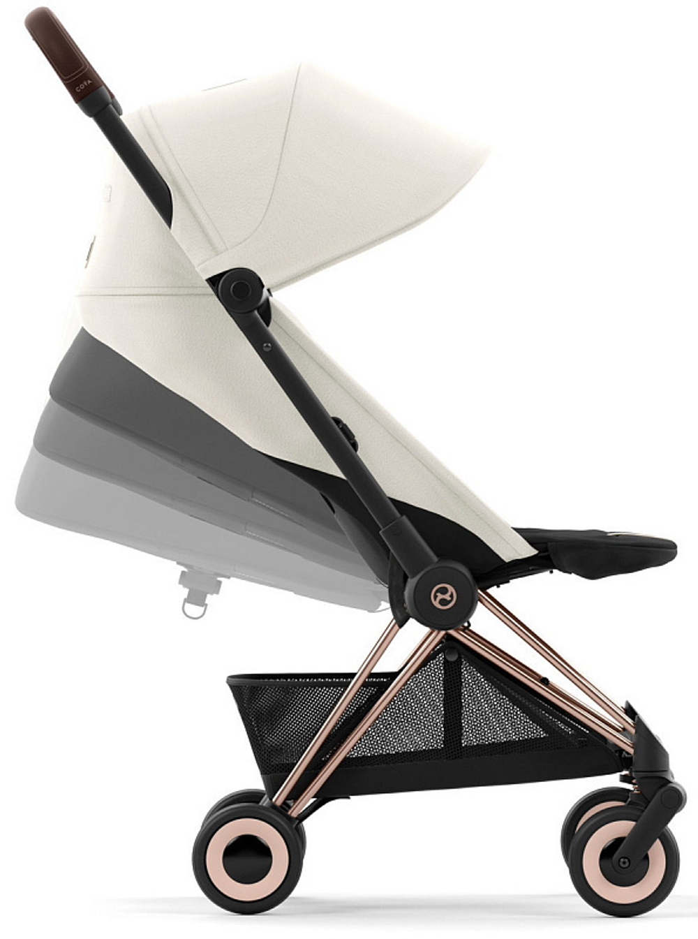 Коляска Cybex Coya Rosegold Frame Cloud G i-Size Magic Black 2 в 1 Off White с дождевиком и бампером