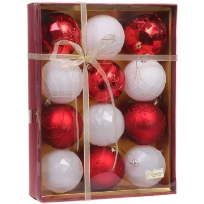 Новогодние шары «Волшебный вальс» 8 см (набор 12 шт), Красный/белый
