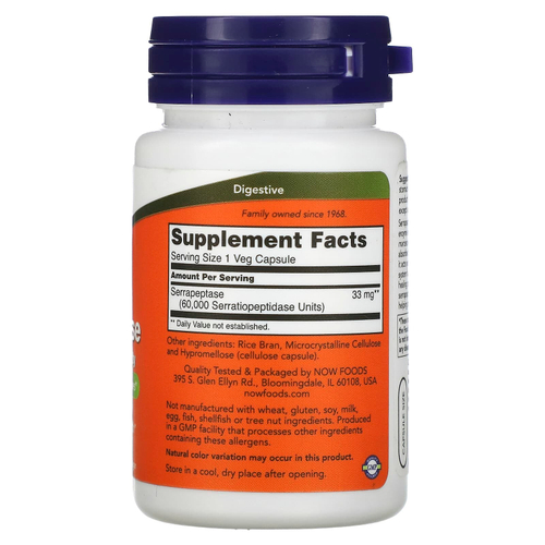 NOW Foods, Серрапептаза, 33 мг, 60 растительных капсул