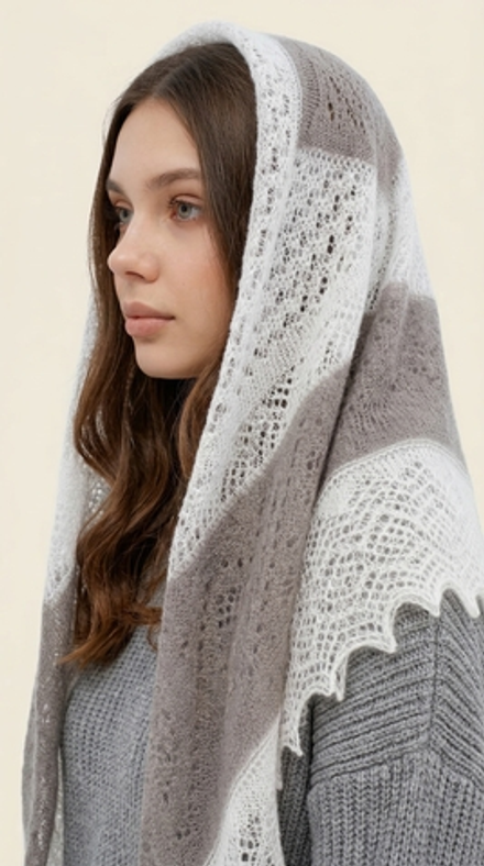 Оренбургский пуховый платок-паутинка АИ100-01/03 белый/серый