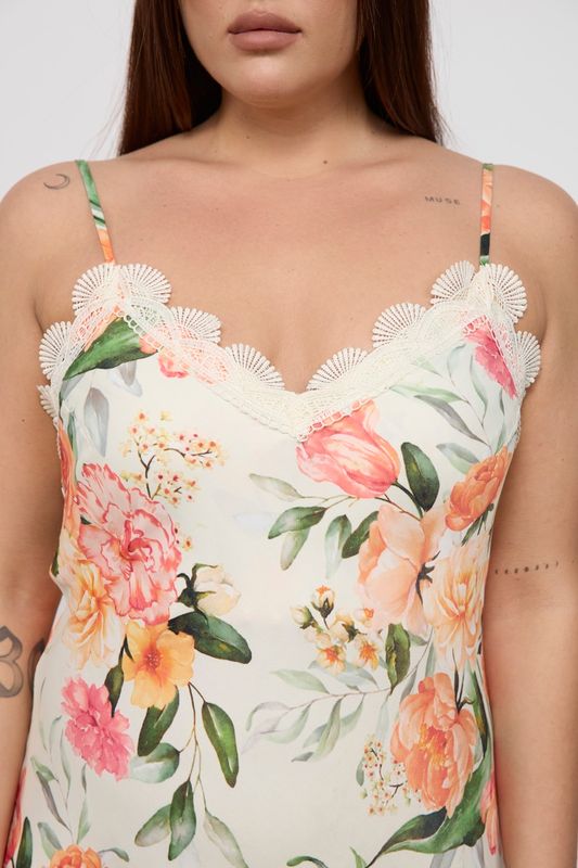 Платье-комбинация на тонких бретелях с отделкой кружевом, цветочный принт