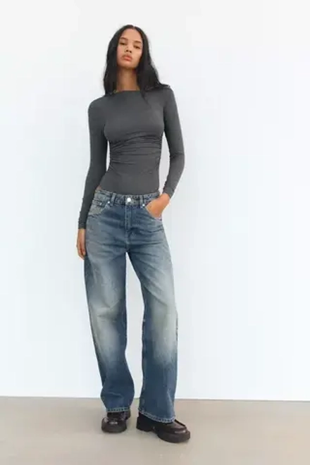 ZARA БОДИ АСИММЕТРИЧНОГО КРОЯ ИЗ МЯГКОЙ ТКАНИ СО СБОРКАМИ, ТЕМНЫЙ АНТРАЦИТ