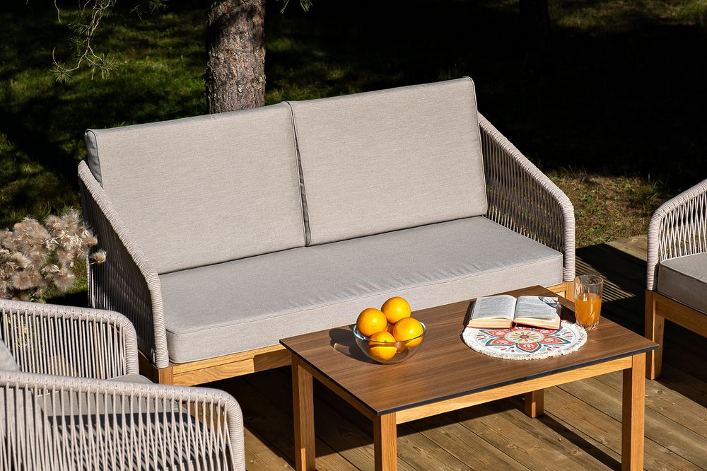 "Канны" диван 2-местный плетеный из роупа, основание дуб, роуп бежевый круглый, ткань бежевая 15052