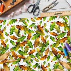 Ткань мембрана желтеющие листья дуба и вишня на белом фоне