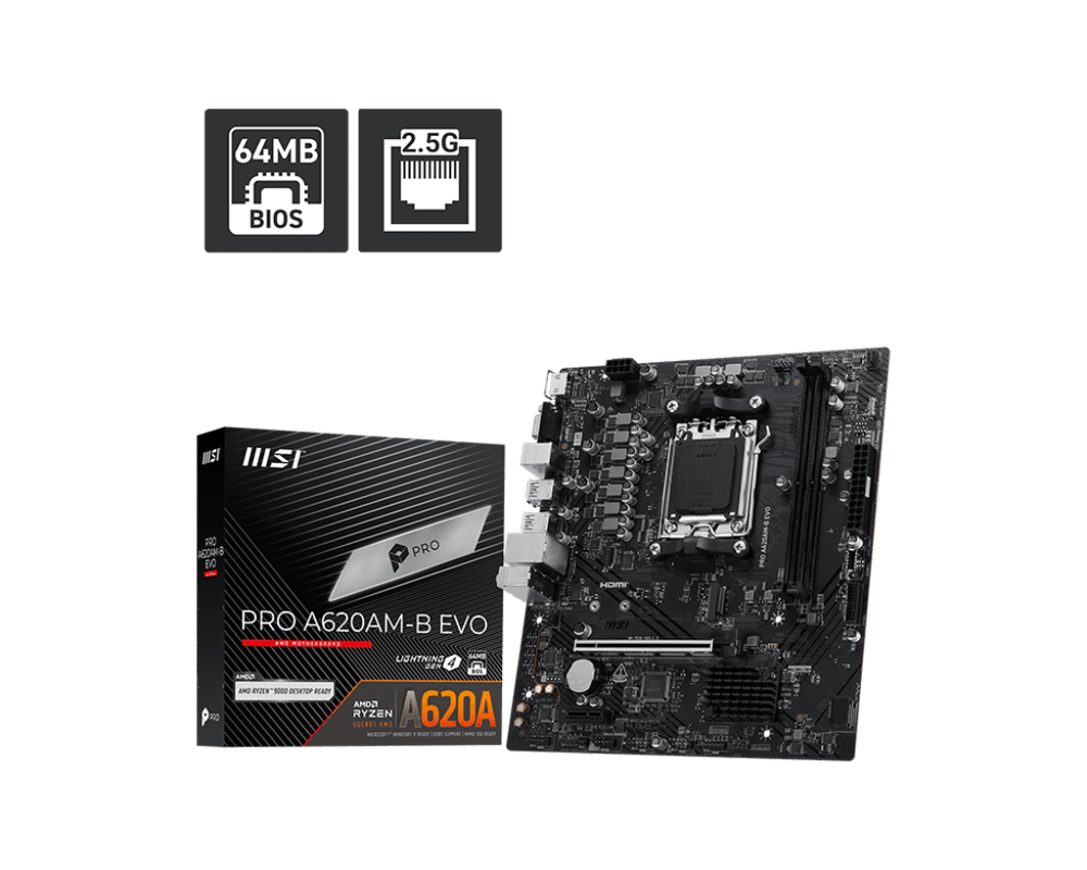 Материнская плата MSI PRO A620AM-B EVO AM5 2xDDR5 4xSATA3 RAID M.2 1xD-Sub 1xHDMI GLAN mATX