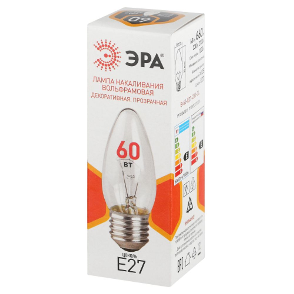 Лампа накаливания ЭРА B-60-E27-230-CL 60Вт 230В свеча прозрачная цветная коробка Е27