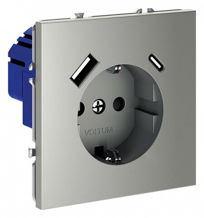 Розетка с заземлением и со шторкой и 2хUSB type A и C, без рамки Voltum S70 VLS040505