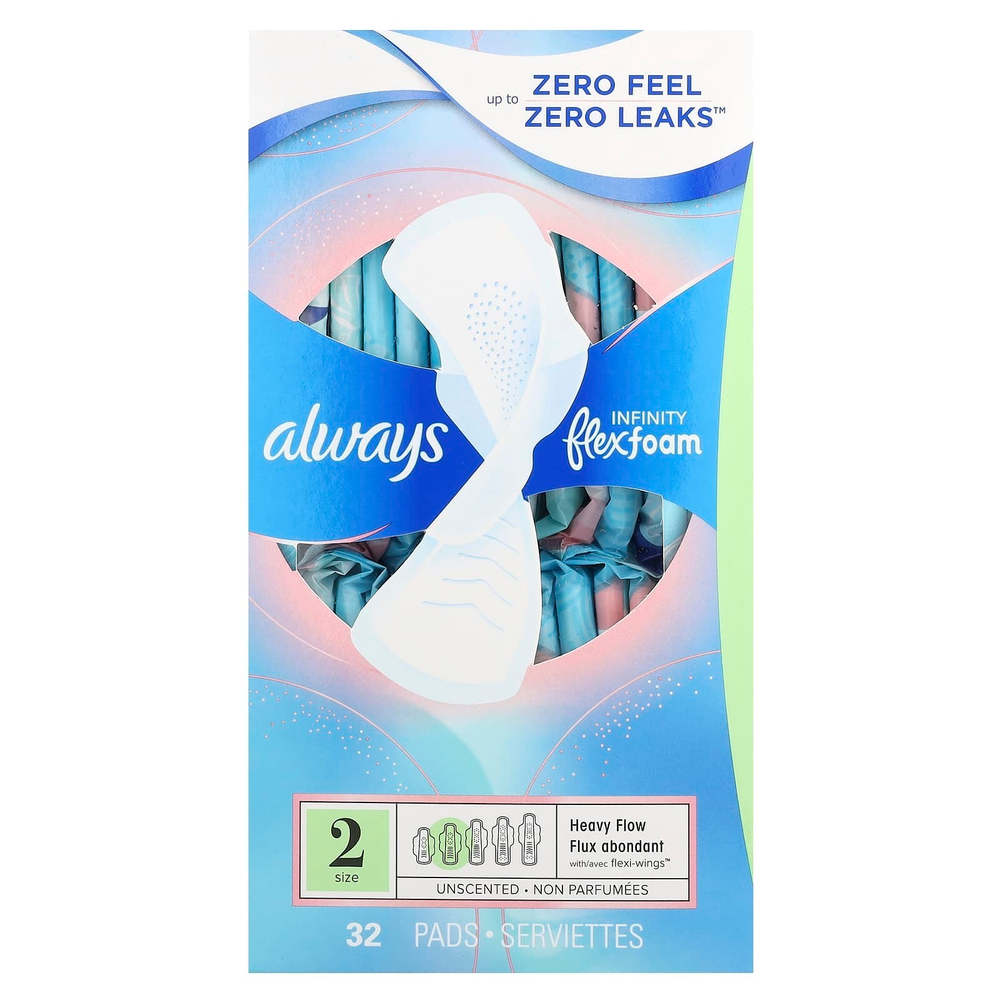 Always, Infinity Flex Foam with Flexi-Wings, размер 2, для впитывания увеличенного количества жидкости, без запаха, 32 прокладки