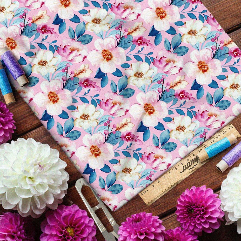 Ткань футер 2-х нитка крупные нежные цветы на розовом фоне