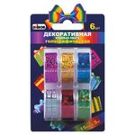 Клейкие ленты 15 мм х 5 м, декоративные голографические, UNIBOB, комплект 6 шт., ассорти, 51717