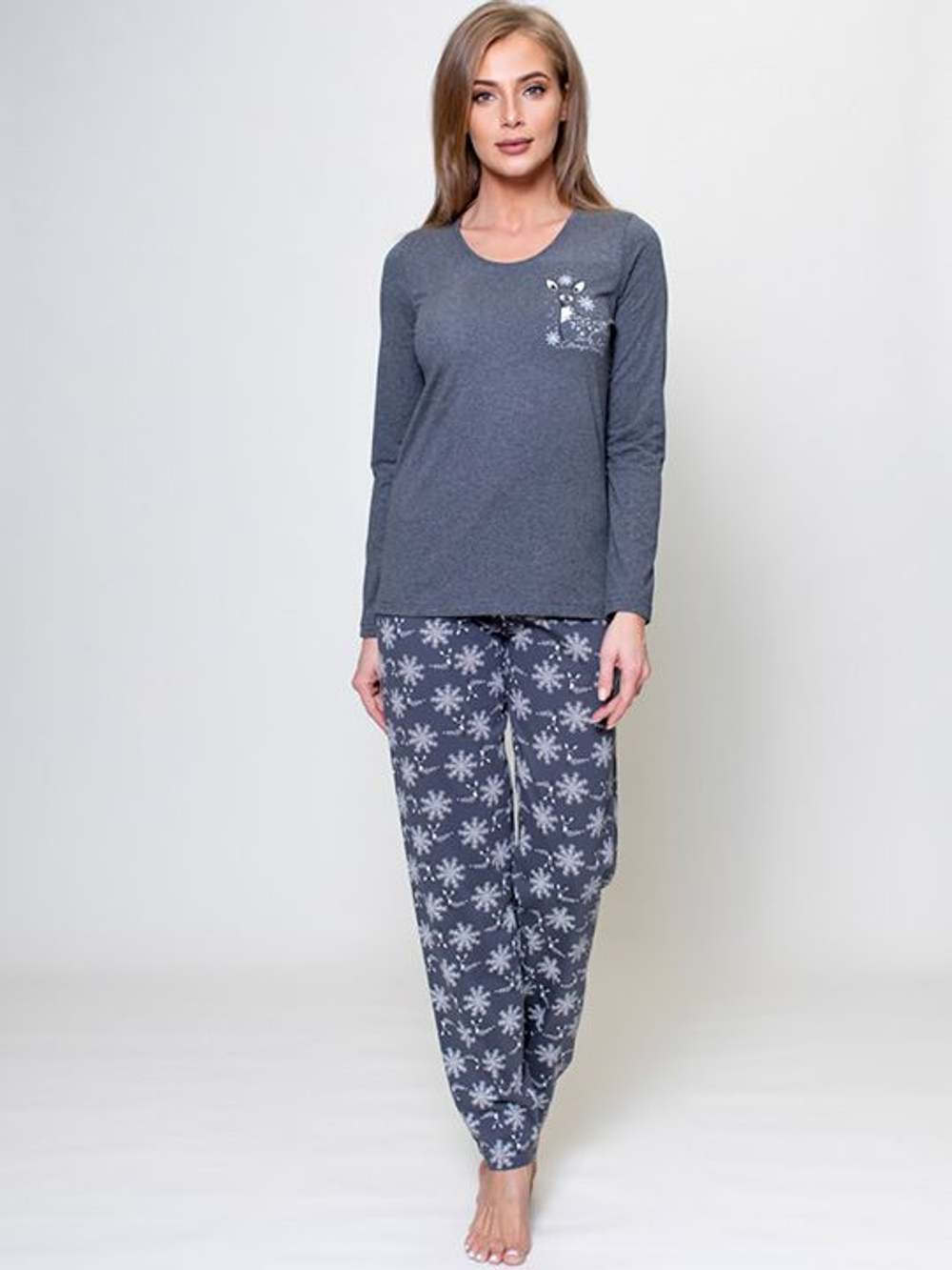 Оригинальная женская пижама с рисунком на брючках (Размер: L) (Цвет: темно-серый)