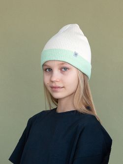 Шапка вязаная хлопковая ТВИНС(Шалфей, молоко)