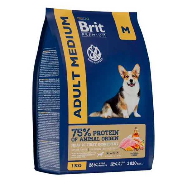 Сухой Корм Brit Premium Adult Medium с курицей 1кг,для собак средних пород (10-25 кг) 07.25