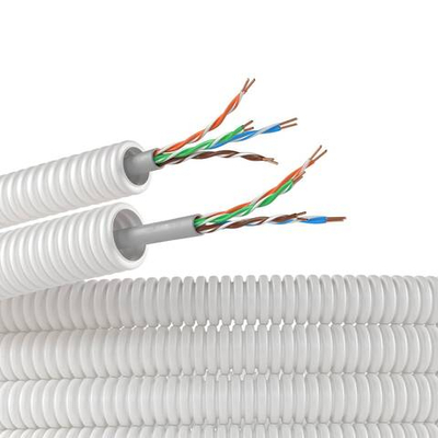 Элетротруба из ПЛЛ не содержит галогенов, гибкая гофрированна д. 16 мм,цвет белый, с кабелем витая пара 5EU/UTP нг(А)-HF, 100 м