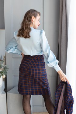 Юбка трапеция в синюю клетку из вискозы