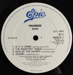 Винтажная виниловая пластинка LP Sade Promise (UK 1987)
