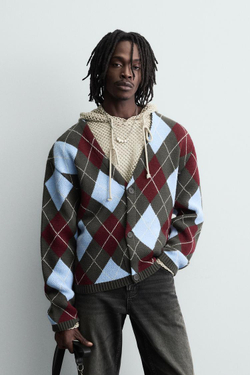 ZARA КАРДИГАН С УЗОРОМ "РОМБЫ", ШОКОЛАДНЫЙ