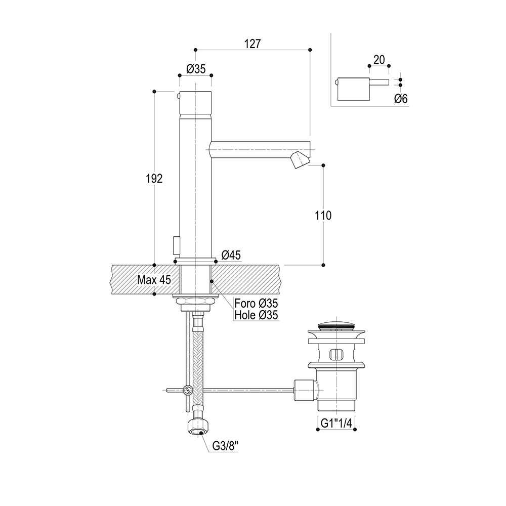 Смеситель для раковины Ritmonio Diametrotrentacinque дизайнерский, со сливным гарнитуром, хром E0BA0121LCRL