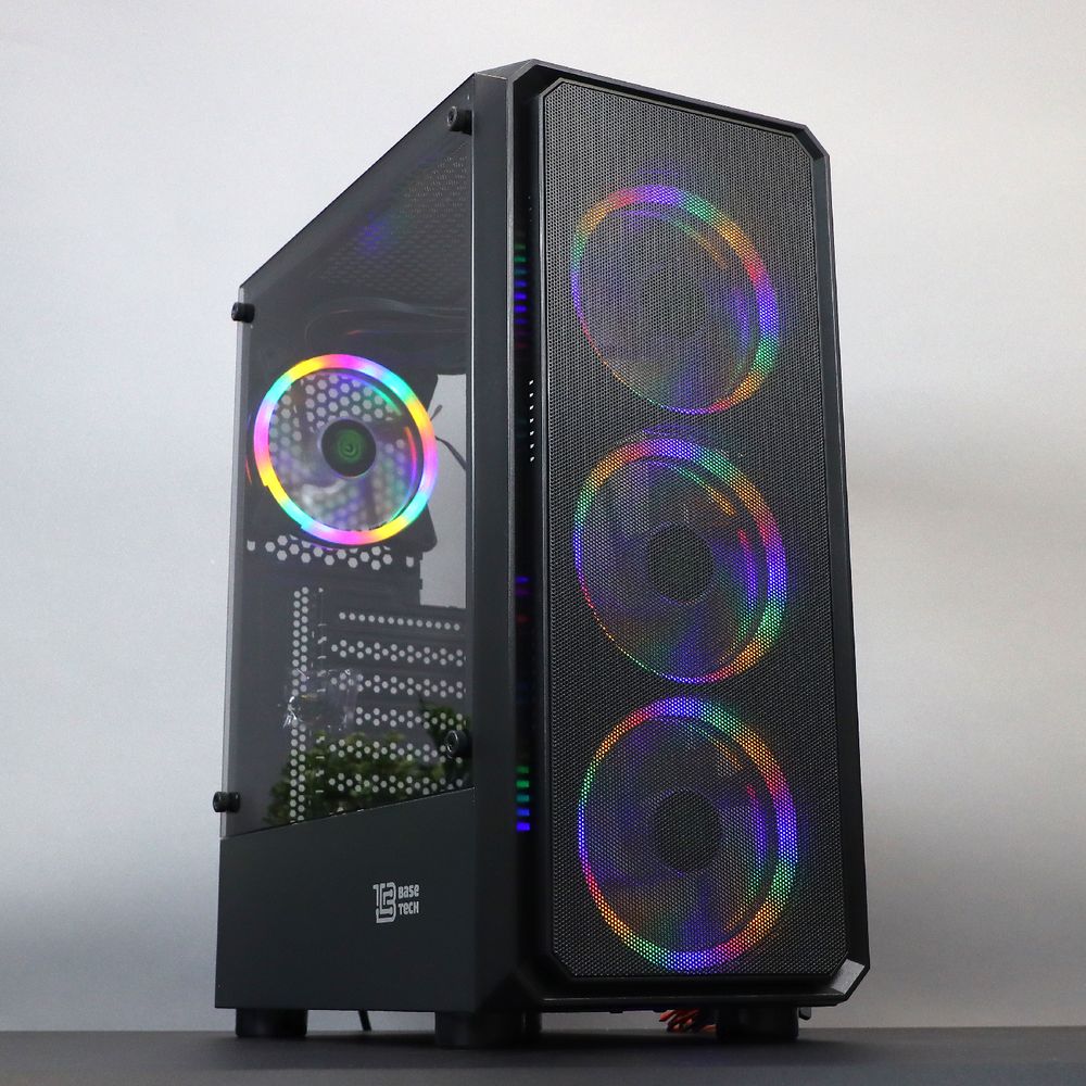 Корпус BaseTech eXtreme GFX-03, Без БП, ATX, чёрный, 4xARGB FAN, 2xUSB2, 1xUSB3, бок: закалённое стекло (BT-GFX-03-MESH-4F-ARGB)