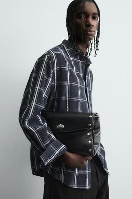 ZARА РУБАШКА СТРУЯЩЕГОСЯ КРОЯ В КЛЕТКУ, МОРСКОЙ СИНИЙ