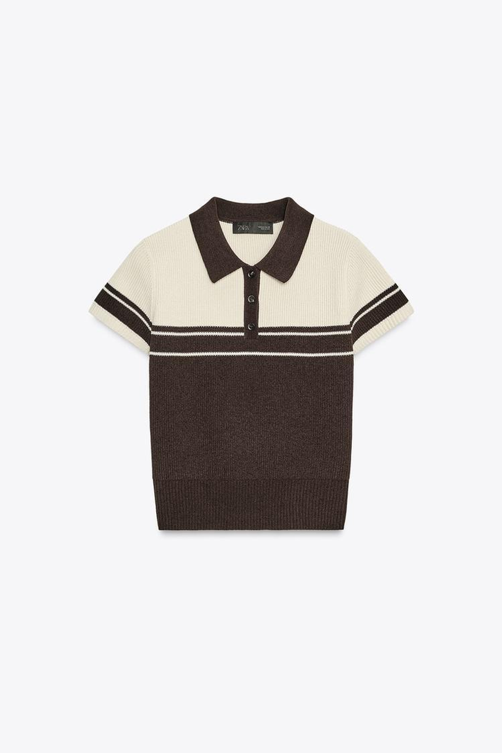 ZARA ТРИКОТАЖНЫЙ ТОП-ПОЛО В РУБЧИК, КОРИЧНЕВЫЙ/ЭКРЮ