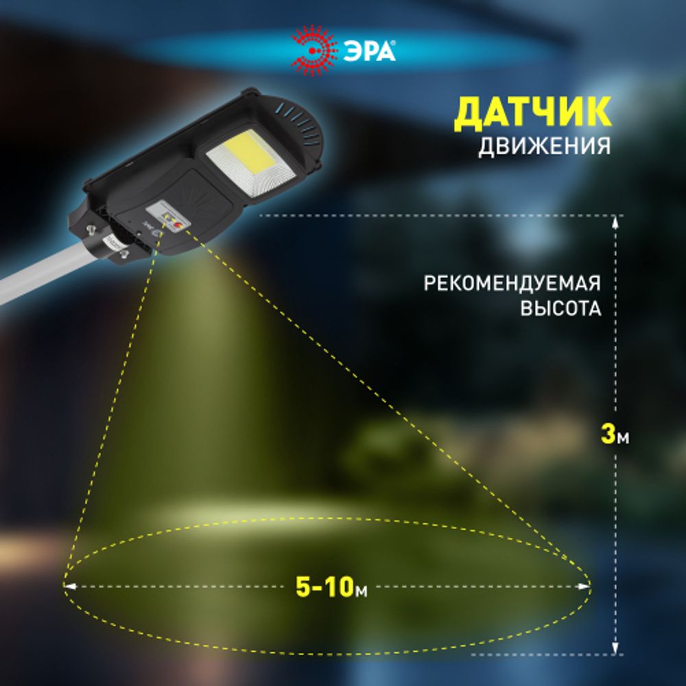 ЭРА Консольный светильник на солн. бат.,COB,20W,с датч. движения, ПДУ, 450 lm, 5000K, IP65 | Уличное освещение на солнечных батареях