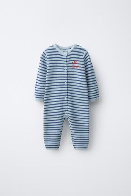 ZARA КОМБИНЕЗОН В ПОЛОСКУ С ВЫШИТОЙ НАДПИСЬЮ, ГОЛУБОЙ