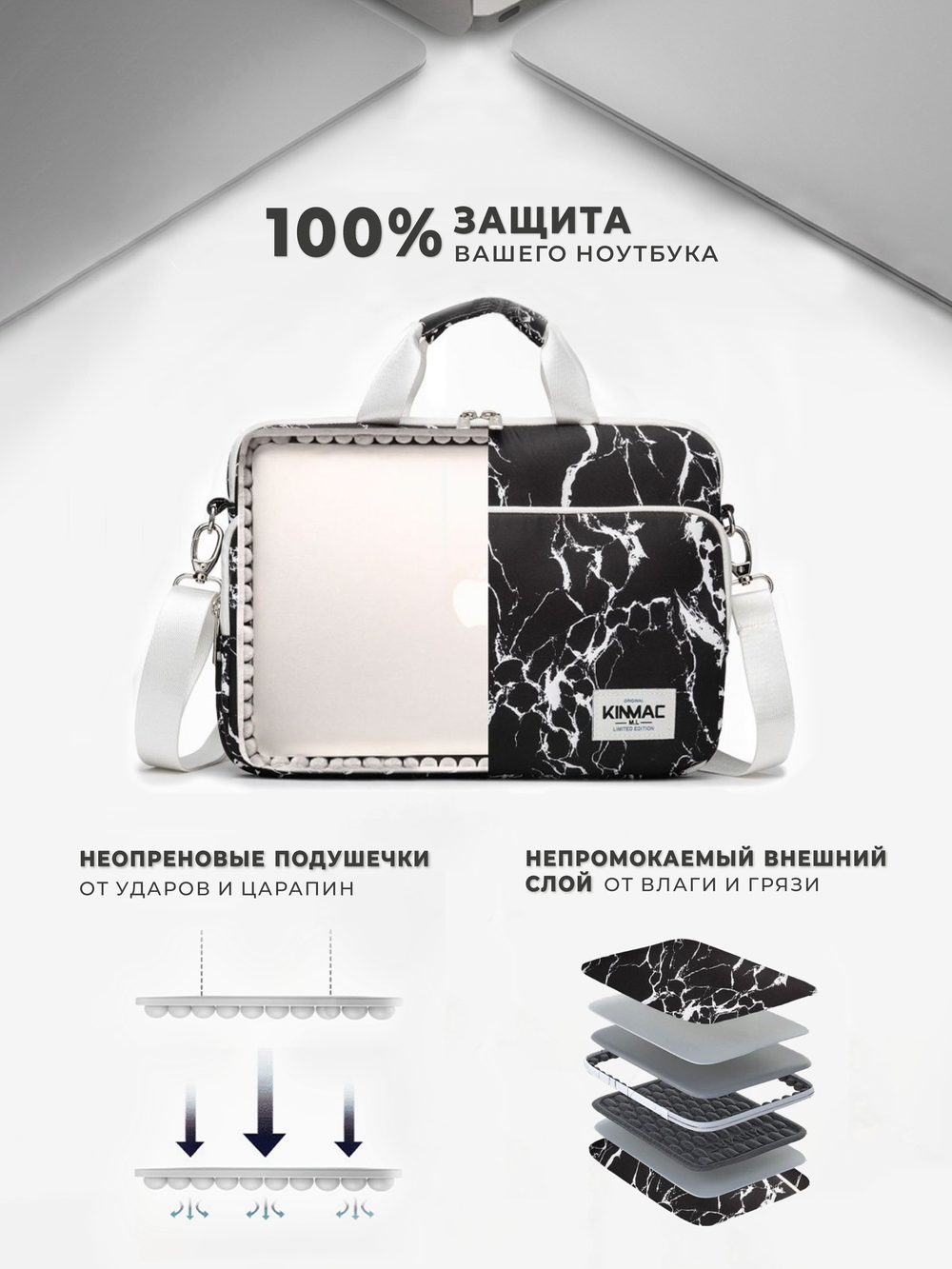 Сумка для ноутбука 13,3" и 14" с ремнем на плечо и большим карманом спереди (Черный мрамор)