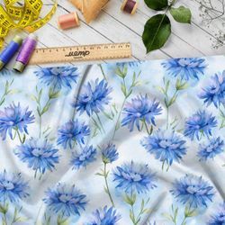 Ткань премиум дюспо голубые акварельные цветы