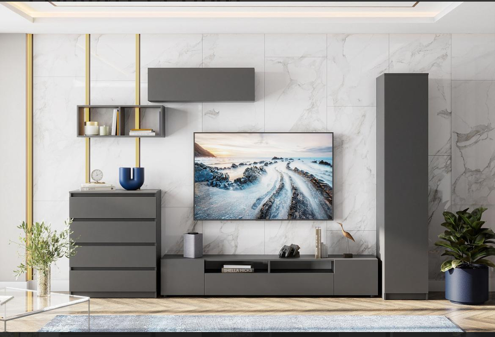 Модульная стенка в гостиную со шкафом Графит серый 320х46х205 см