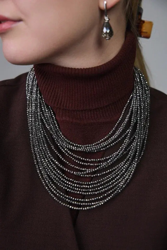 Колье каскад "Венеция, оттенок марказит, венец.стекло, натур.кожа